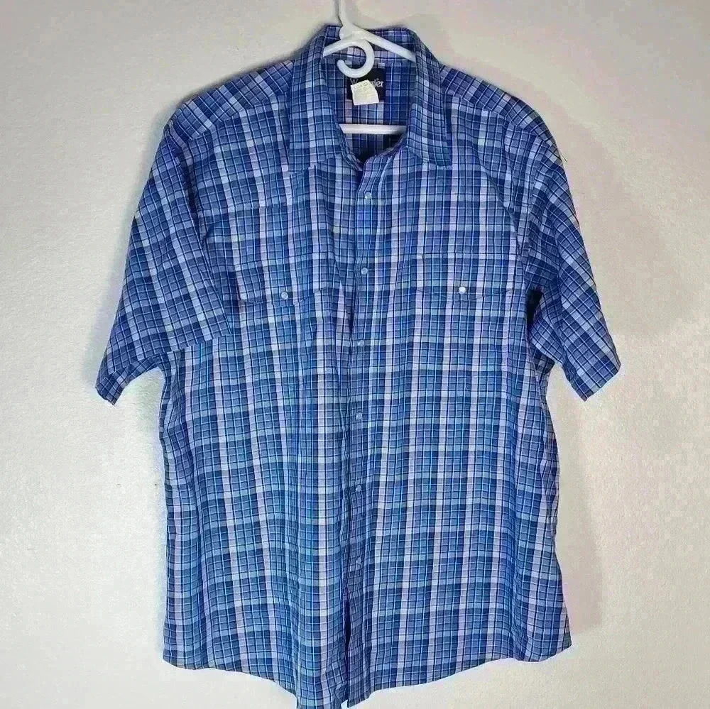 Vintage Wrangler Blue Plaid Short Sleeve Pearl Snap Shirt Sz XXL